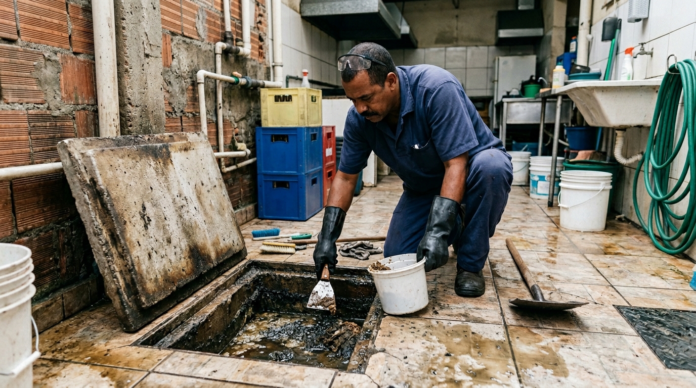 Limpeza de caixa de gordura residencial em Piracicaba‑SP